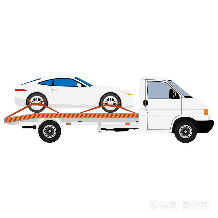 拖车运送损坏的汽车光栅插图孤立在白色背景上