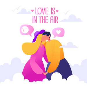 爱情故事主题的浪漫矢量插图。 幸福平淡的人性格在第七天堂。 在云层中翱翔。 相爱的夫妇他们拥抱和亲吻。 情人节主题的概念。