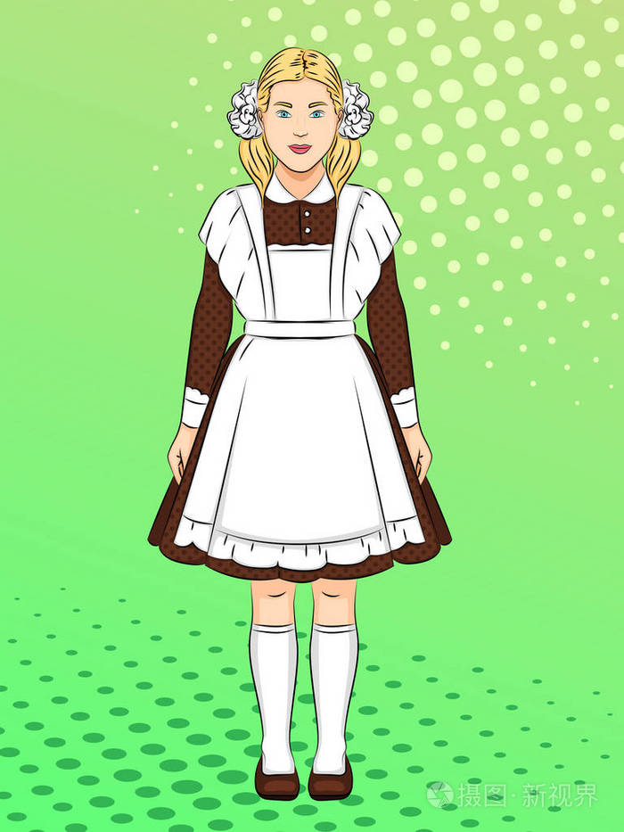 苏联女孩, 穿校服的女学生, 衣服.流行艺术背景.模仿漫画风格.向量