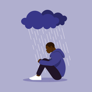 一个男人抱着他的腿坐着. 抑郁和忧郁. 矢量平面图照片