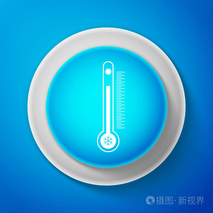 温度计与规模测量热和冷, 与太阳和雪花图标隔离在蓝色的背景.