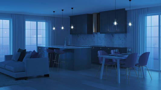 现代家庭内部有灰色厨房。 晚安。 晚上的灯光。 三维渲染。