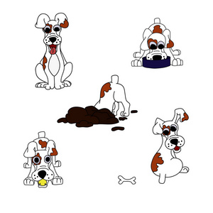 不同姿势的狗的卡通图像的矢量集。 绘图是手工绘制的。 吃淘气游戏的狗坐着。 宠物。 矢量图。 积极的性格。