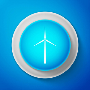 在蓝色背景上隔离的风力涡轮机图标。风力发电机标志。风车剪影。用于发电的风车。圆圈蓝色按钮。向量例证