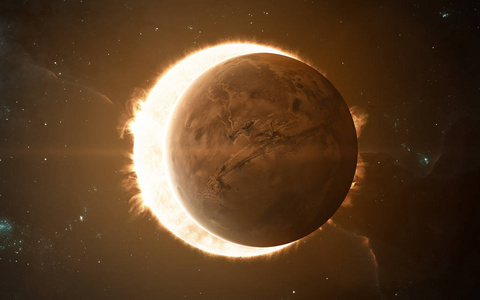 火星, 遮挡太阳. 太阳系的红色星球.科幻小说艺术.