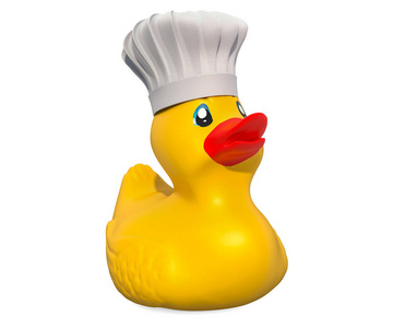 厨师橡胶鸭，3D渲染隔离在白色背景