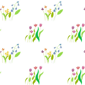 草地浪漫多彩无缝图案。 粉红色，蓝色，黄色，绿色，花卉，植物，植物，植物，植物，植物，植物，植物，植物，植物，植物