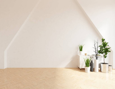 斯堪的纳维亚空房室内的想法，木地板上有植物和装饰。家北欧内部。3D图案