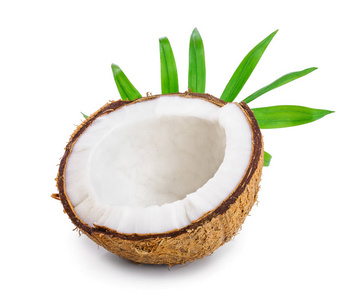 一半的椰子与叶子查出在白色背景