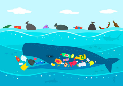 海洋塑料垃圾的生态灾害。 一只大抹香鲸在污染的海洋上吃塑料垃圾。 平面矢量插图