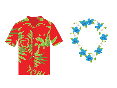 光栅插图夏威夷阿洛哈衬衫与花圈项链。 夏威夷衬衫阿洛哈海滩男布。 夏威夷衬衫成人服装图案设计和现代平夏威夷衬衫纺织品。
