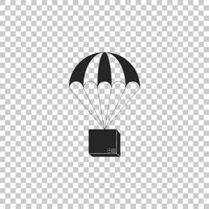 在透明背景上隔离的降落伞图标上飞行的盒子。包裹与降落伞为运输。送货服务, 空运概念, 奖金概念。扁平设计。矢量插图