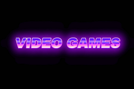 紫色与蓝色未来派文字电子游戏，与复古风格的80年代在黑色背景发光