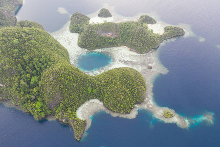 从空气中看到，健康的珊瑚礁围绕着在印度尼西亚的拉贾安帕特发现的美丽的石灰石岛屿。 这个偏远的热带地区以其令人难以置信的海洋生物多