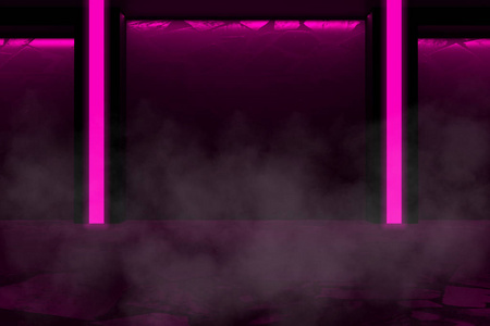 带混凝土墙和地板的空房间背景粉红色霓虹灯烟