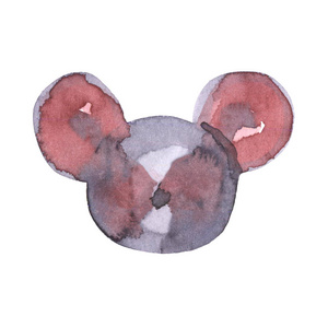 鼠标水彩画。有趣的动物图标。灰色老鼠与粉红色的耳朵查出在白色背景。2020年新的一年绘画符号。用于设计的绘画艺术对象