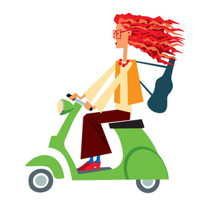 卡通人物红头发女孩小提琴手骑在一辆绿色的小滑板车上。 矢量图形。 隔离隔离