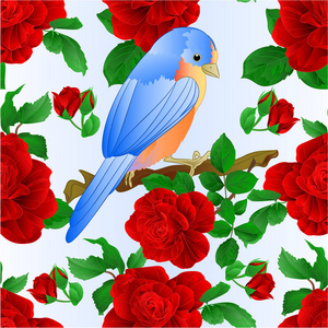 无缝质地小松鸟蓝鸟画眉，红玫瑰春天背景，复古矢量插图可编辑手绘
