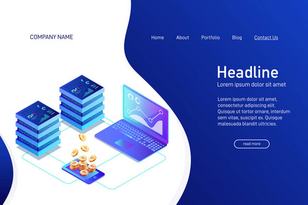 网站主页面登陆页面的概念与等距。 使用笔记本电脑挖掘比特币的等距概念。 笔记本电脑网络分析和统计。 三维金比特币。 矢量图。
