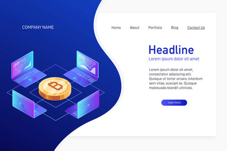 网站主页面登陆页面的概念与等距。 使用笔记本电脑挖掘比特币的等距概念。 笔记本电脑网络分析和统计。 三维金比特币。 矢量图。