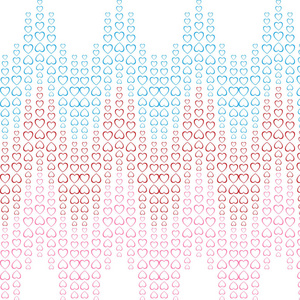 蓝色红色粉红色节日心脏的纹理图案排列在一个浪花中, 曲折地走向情人节母亲节妇女节, 并在白色背景上复制空间。向量例证