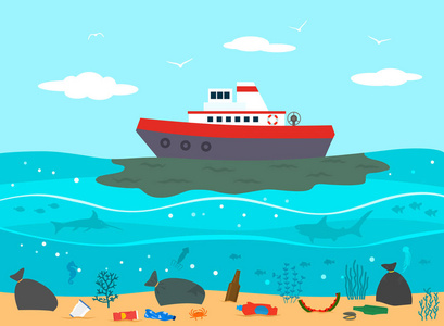 一艘油轮的环境灾难事故和在海洋中塑料垃圾的背景下向海洋释放石油。 。 平面矢量插图