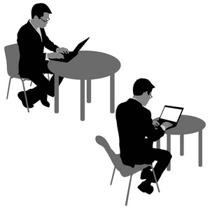 黑色剪影两名男子坐在电脑后, 在一个白色的背景