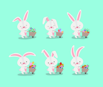 一群可爱的兔子与手推车和鲜花