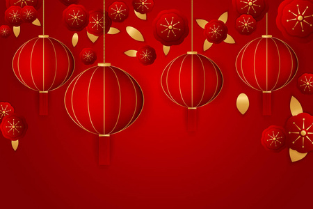 中国新年传统红色贺卡插图与传统的亚洲装饰元素和灯笼在红色背景。 矢量插图