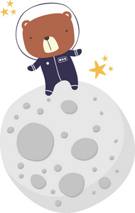 可爱的熊穿着宇航员的西装在月球上行走，被隔离在白色上。 绘制的风格插图。 可用于婴儿和儿童的托儿所装饰设计