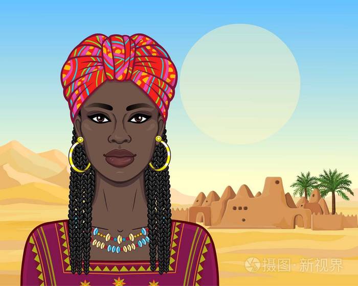 动画肖像的美丽的黑人妇女在红色头巾和非洲辫子. 彩色绘图.