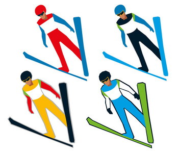 滑雪跳跃的轮廓。 设置不同颜色的运动服。 矢量图形