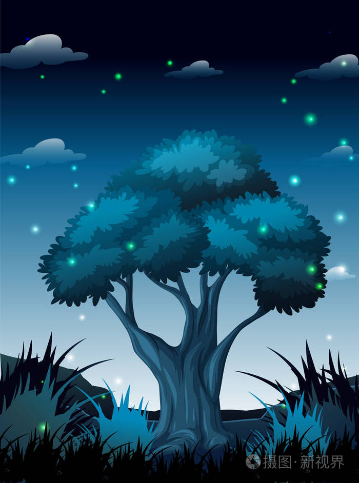 森林插图中的黑夜