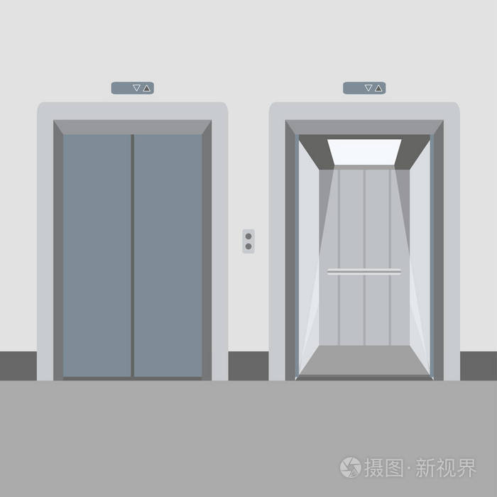 打开和关闭电梯门金属, 空大厅内部与等待电梯地板天花板和墙壁向量