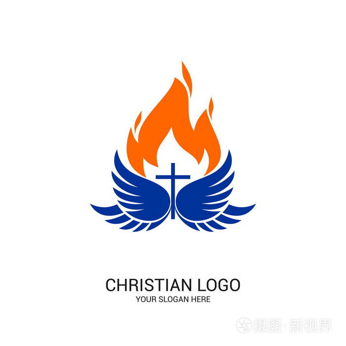 基督教教堂标志圣经符号耶稣的十字架圣灵和火焰的翅膀