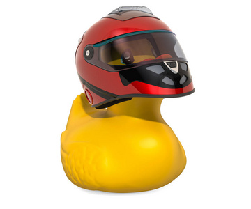 赛车橡胶鸭，3D渲染隔离在白色背景