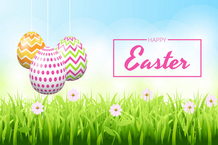 快乐复活节背景模板与美丽的花朵，草和鸡蛋。 贺卡。 矢量插图