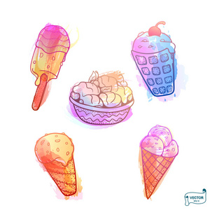 矢量图像。 一套可爱的彩色涂鸦糖果。 手绘冰淇淋。 水彩画