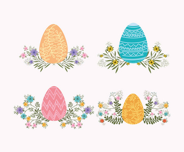 一套彩蛋和鲜花复活节图标矢量插图设计