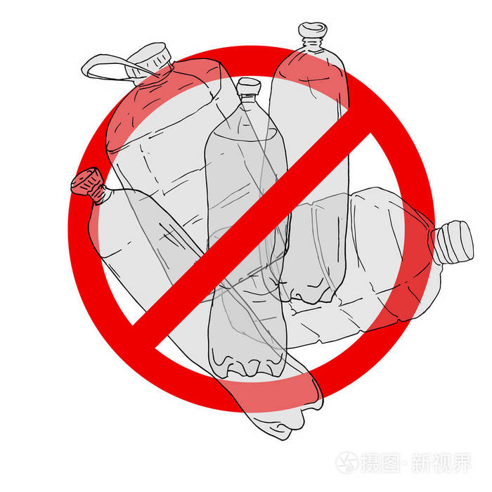 对塑料瓶说不. 白色背景上隔离的否认标志中的塑料瓶.