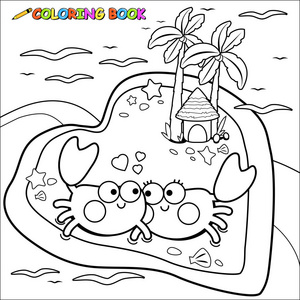 蟹行走矢量黑白插图螃蟹在海滩上行走在一个美丽的心形岛屿.