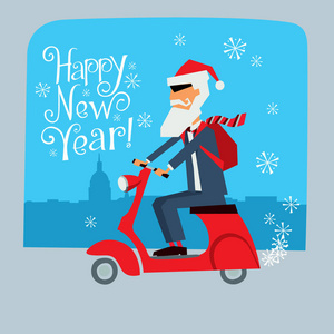 新年的明信片。 穿夹克的圣诞老人骑摩托车。 矢量图形