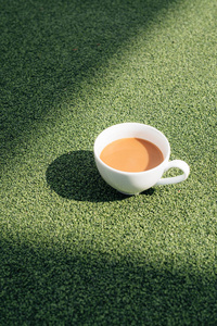 一杯热咖啡，在寒冷的早晨，在绿草上，带着露水的背景