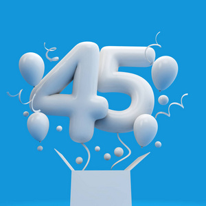 快乐45岁生日惊喜气球和盒子. 3d渲染摄影图