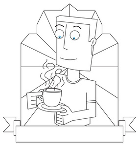 线画的一个人喝一杯咖啡卡通标签