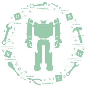 带有字母玩具工具的机器人立方体螺丝刀扳手螺丝锤。 儿童玩具。 机器人技术。 横幅海报或打印的设计。
