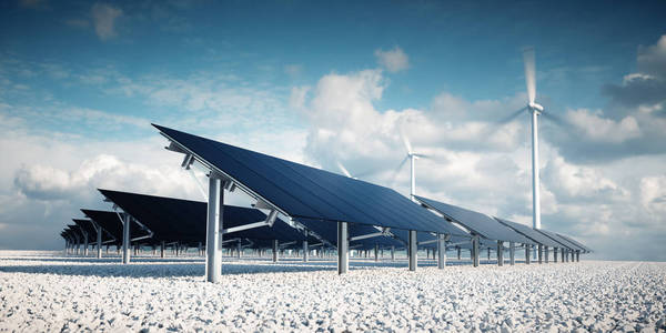 现代和未来美学黑色太阳能电池板的大型光伏电站与风力涡轮机的背景，在晴朗的下午天气，部分多云的蓝天。 三维渲染。