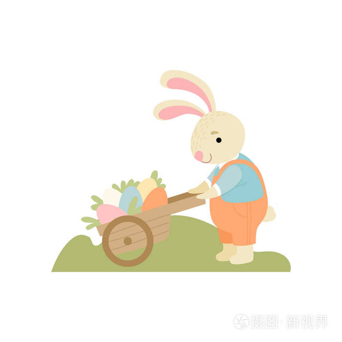 插画 可爱的兔子推木制购物车充满彩蛋, 复活节快乐, 贺卡设计元素