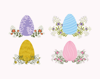 一套画的鸡蛋和鲜花复活节图标
