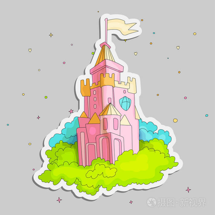 滑稽的粉红色动画片城堡以装饰灰色背景